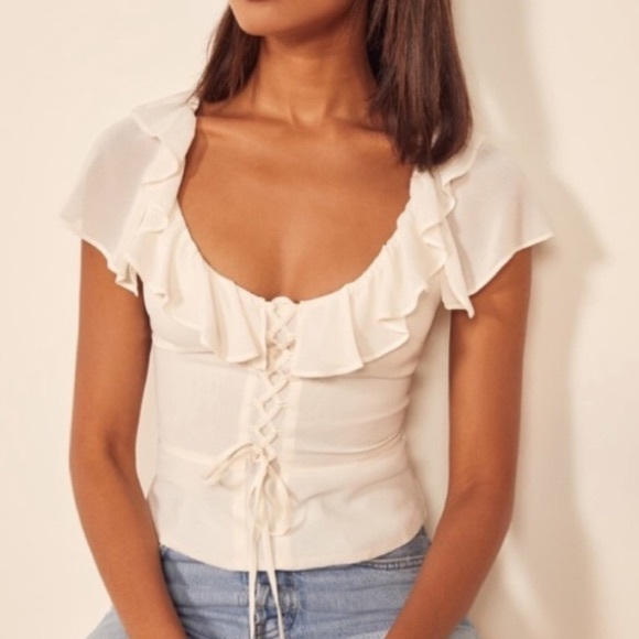 Reformation fleur ruffle lace up top white 8 - Picture 3 of 11